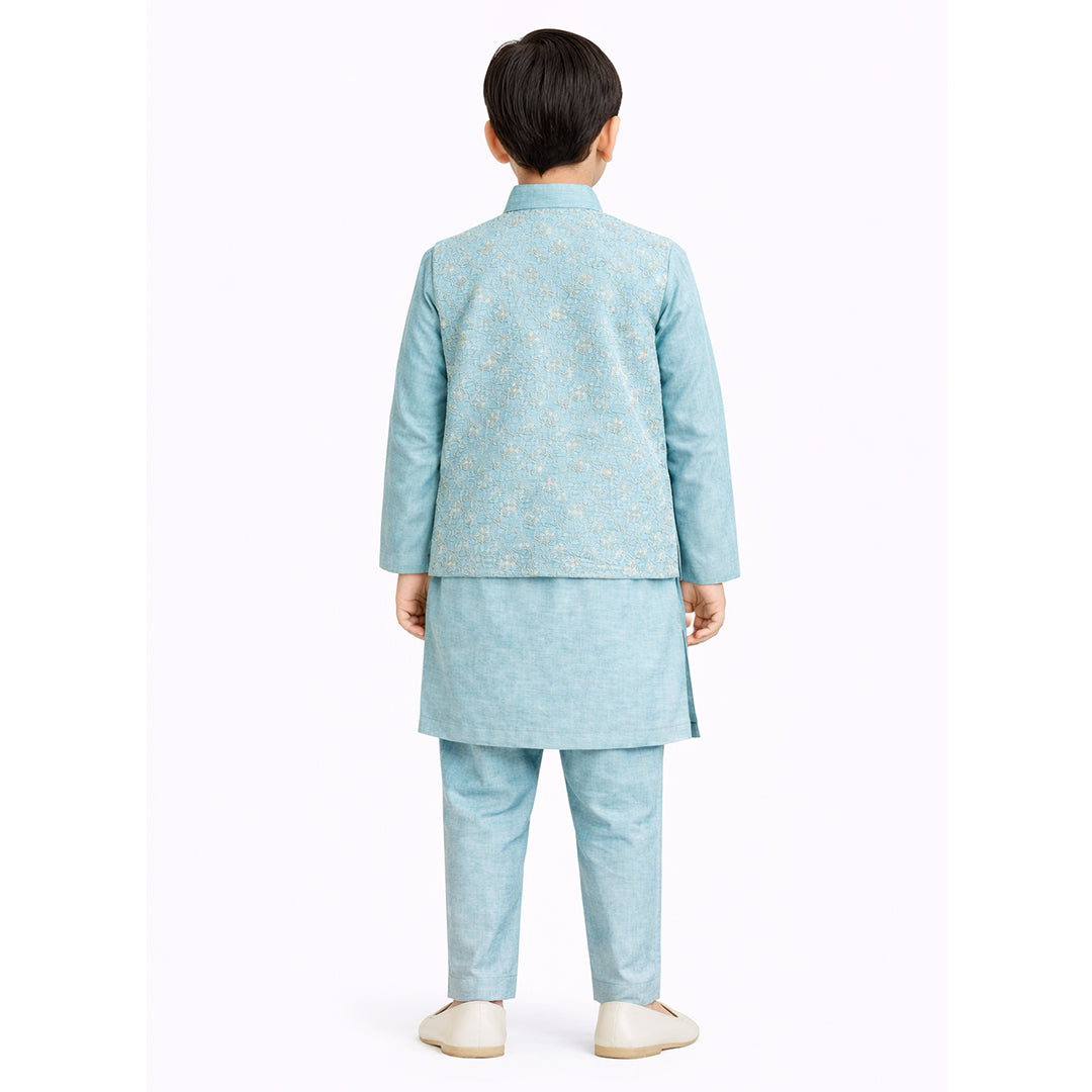 Arctic Bloom: Boys’ 3-Piece Embroidered Waistcoat & Kurta Set