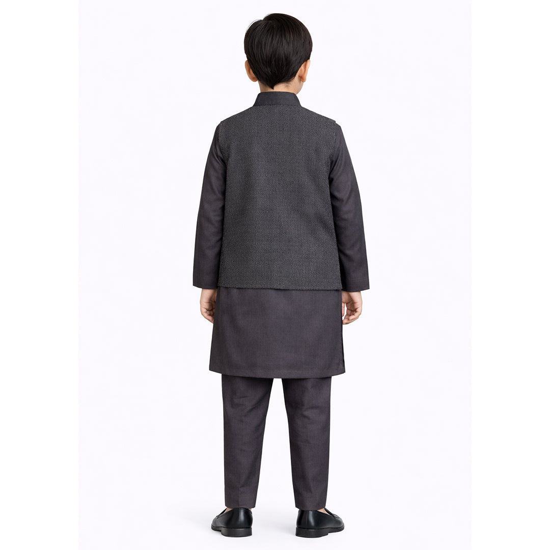 Charcoal Classic: Boys’ 3-Piece Textured Waistcoat & Kurta Set