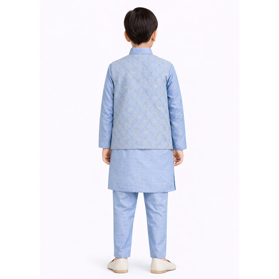 Azure Meadow: Boys’ 3-Piece Floral Textured Waistcoat & Kurta Set