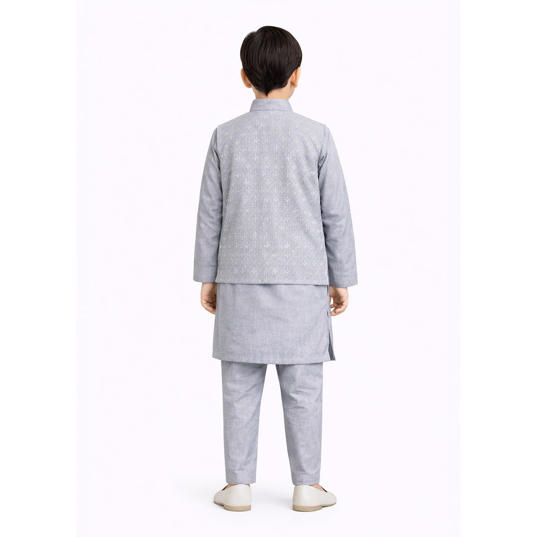 Silver Mist: Boys’ 3-Piece Embroidered Waistcoat & Kurta Set