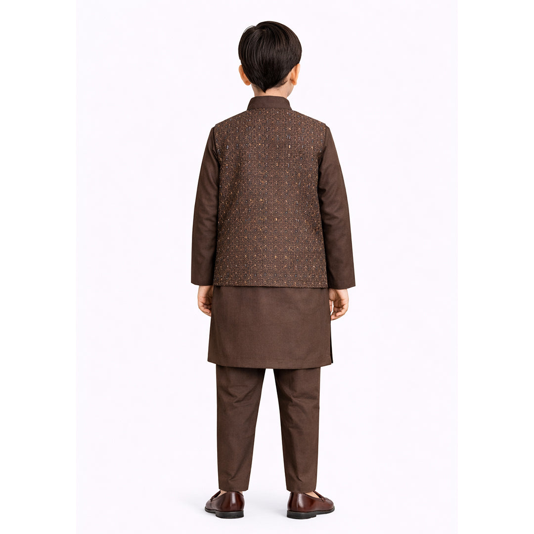 Mocha Gold: Boys’ 3-Piece Patterned Waistcoat & Kurta Set