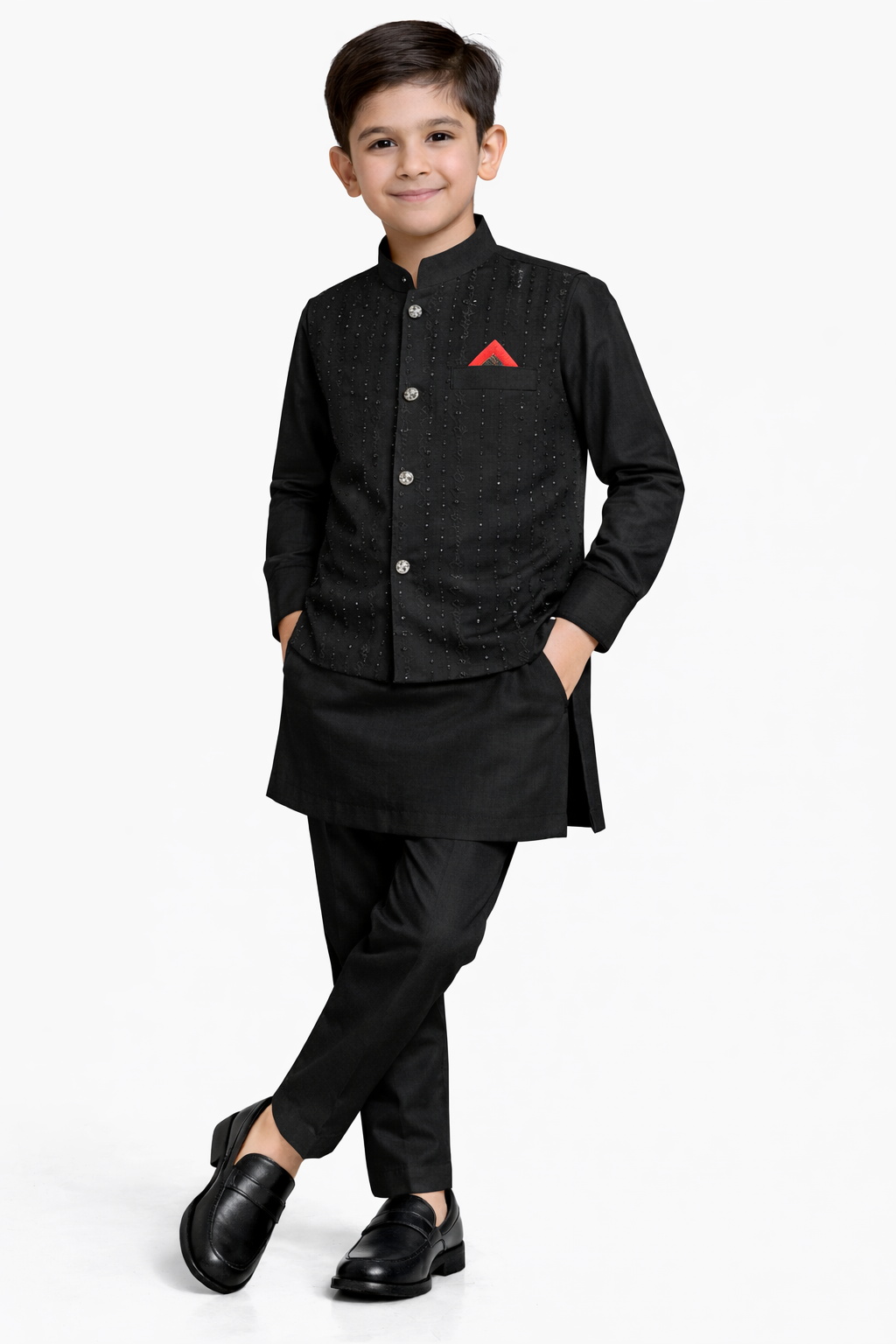 Little Nawab | Boys' 3-Piece Linear Embroidered Waistcoat, Kurta & Trouser Set – Premium Festive Wear in Jet Black