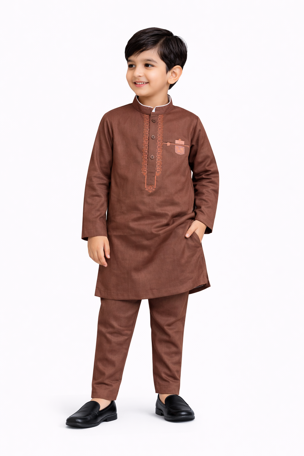 Chocolate Brown Elegance: Boys' Embroidered Kurta & Trouser Suit
