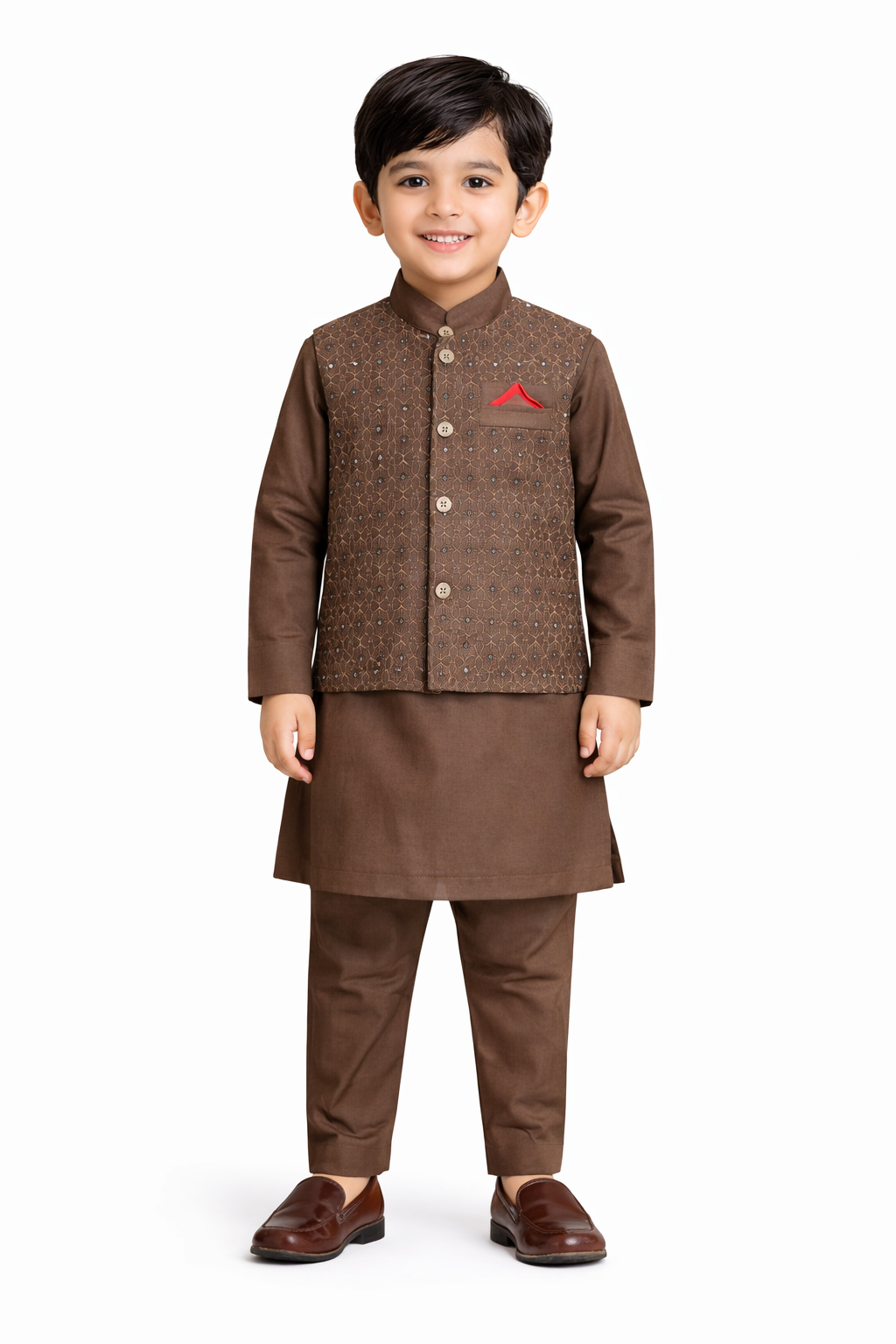 Mocha Gold: Boys’ 3-Piece Patterned Waistcoat & Kurta Set