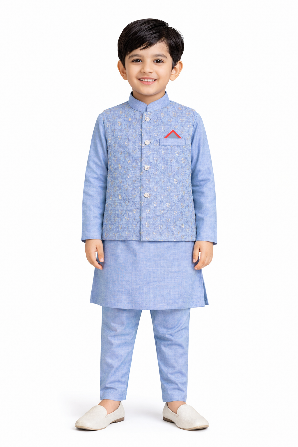 Azure Meadow: Boys’ 3-Piece Floral Textured Waistcoat & Kurta Set