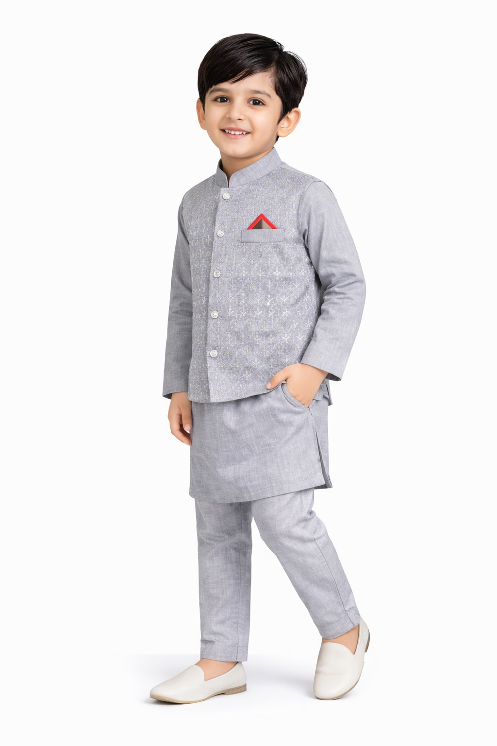Silver Mist: Boys’ 3-Piece Embroidered Waistcoat & Kurta Set