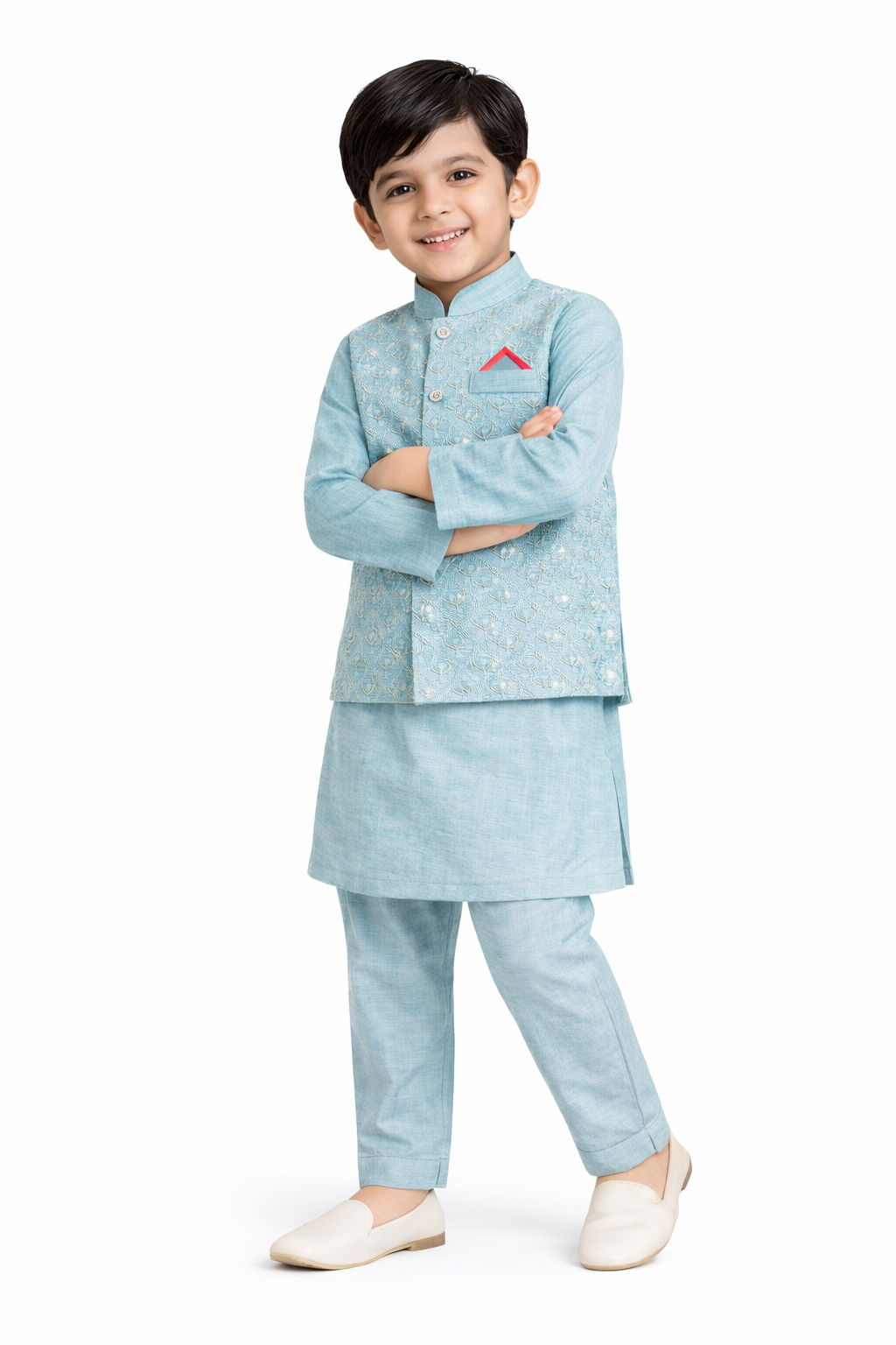 Arctic Bloom: Boys’ 3-Piece Embroidered Waistcoat & Kurta Set
