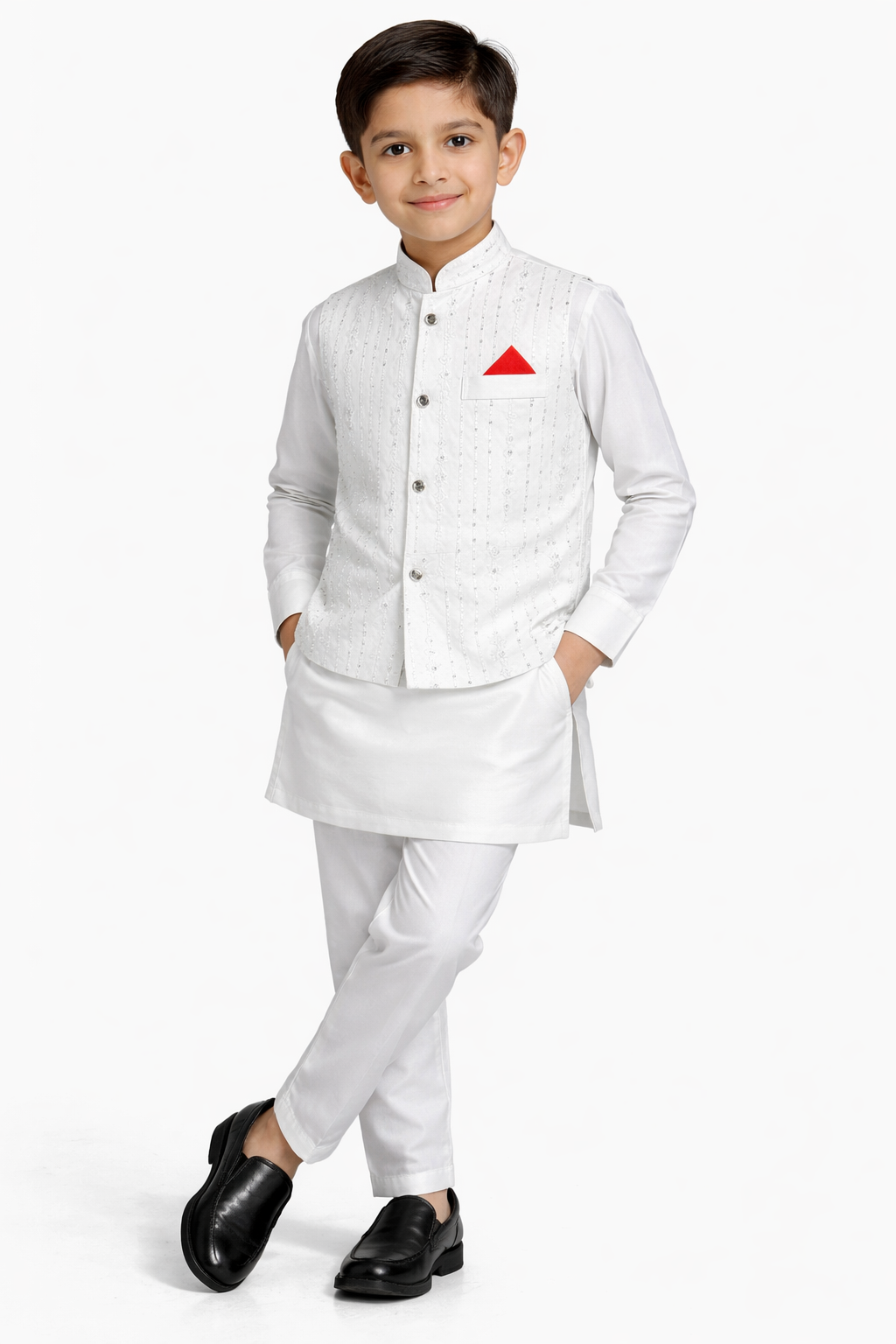 Little Nawab | Boys' 3-Piece Linear Embroidered Waistcoat, Kurta & Trouser Set – Premium Festive Wear in Pure White