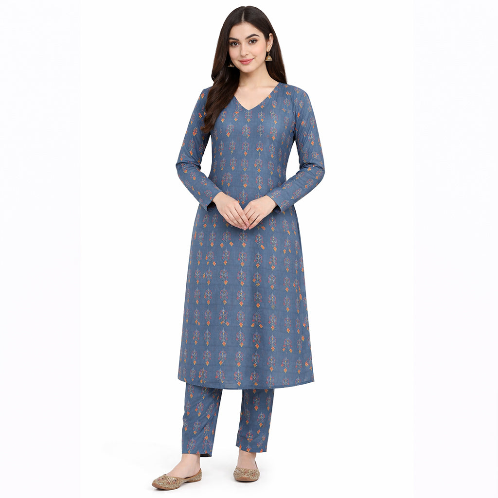 Slate Serenity | Girls’ 2-Piece Unstitched Festive Suit – Steel Blue & Amber Motif Print