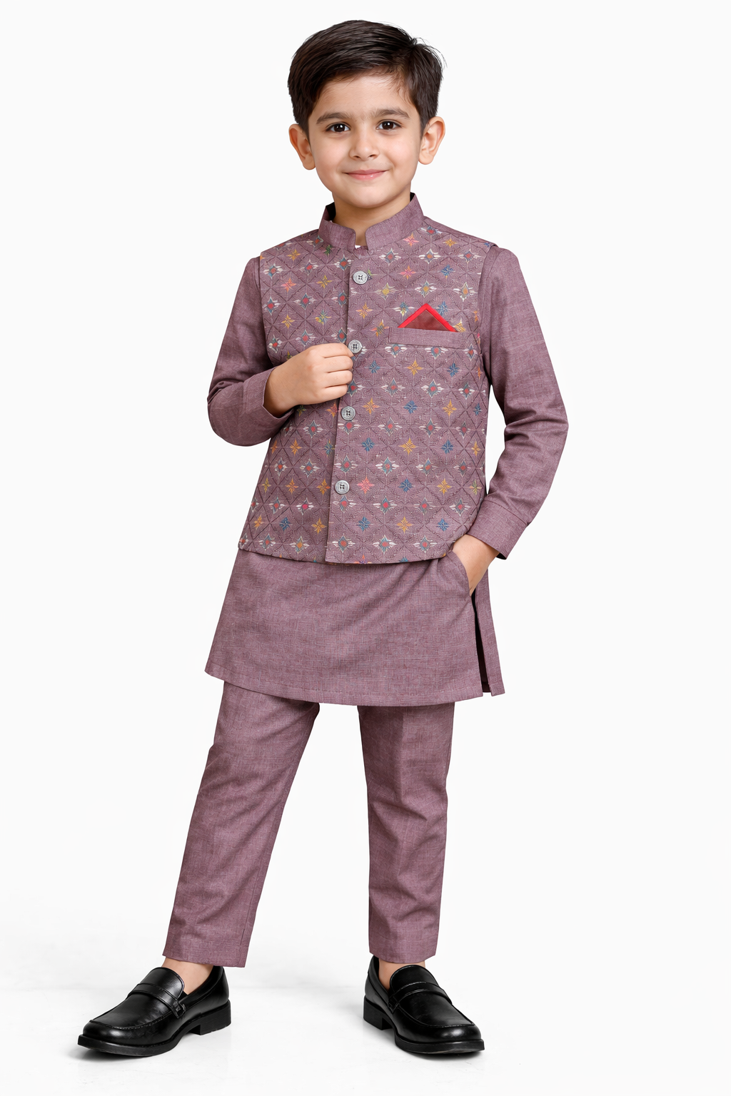 Little Nawab | Boys' 3-Piece Geometric Waistcoat, Kurta & Trouser Set – Premium Festive Wear in Mauve