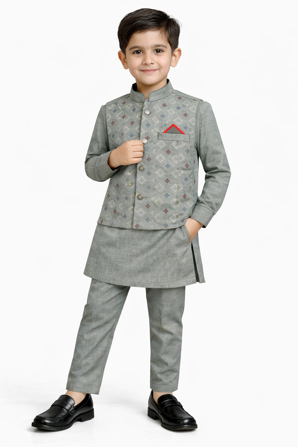Little Nawab | Boys' 3-Piece Geometric Waistcoat, Kurta & Trouser Set – Premium Festive Wear in Silver-Grey