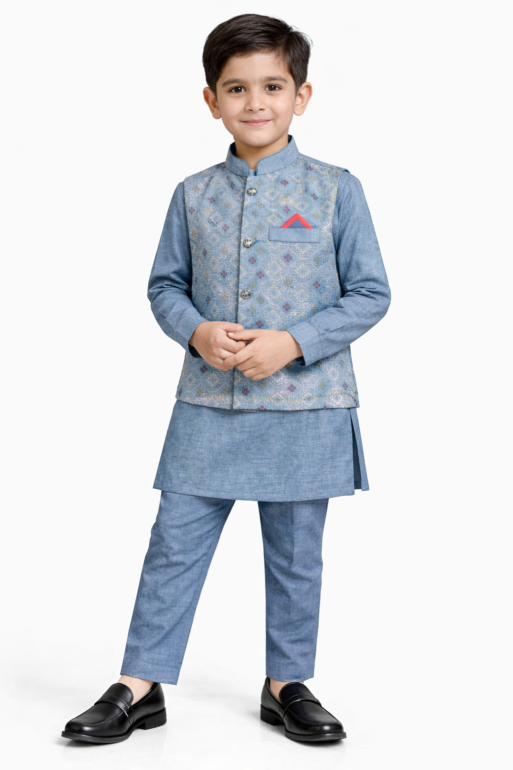 Little Nawab | Boys' 3-Piece Geometric Waistcoat, Kurta & Trouser Set – Premium Festive Wear in Steel Blue