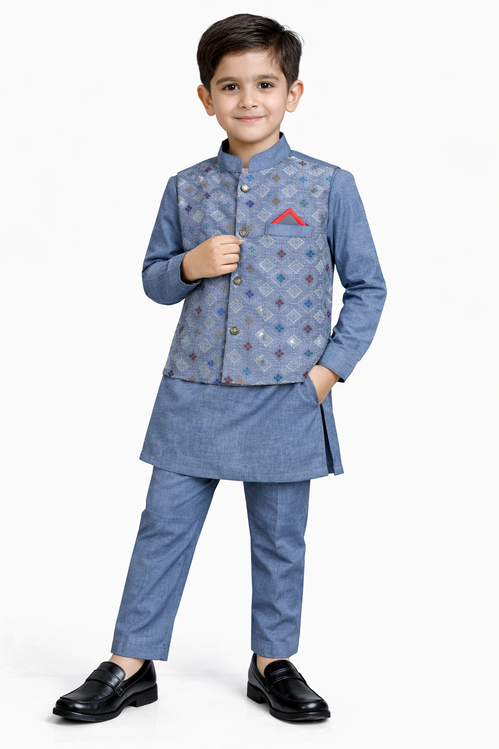 Little Nawab | Boys' 3-Piece Geometric Waistcoat, Kurta & Trouser Set – Premium Festive Wear in Sky Blue