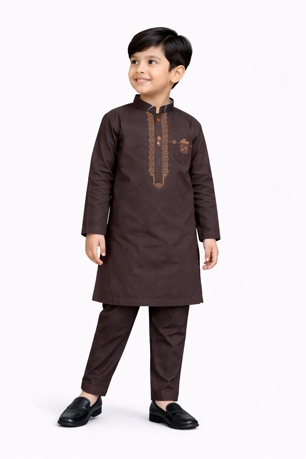 Deep Brown Classic: Boys’ 2-Piece Embroidered Suit