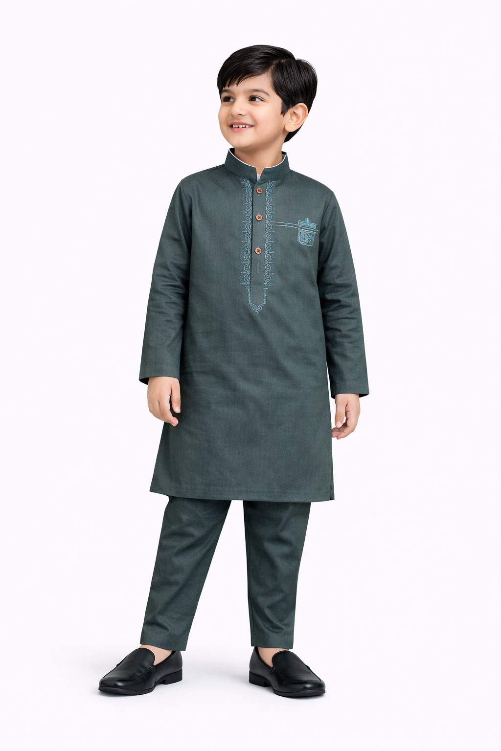 Emerald Forest: Boys’ Tonal Embroidered Kurta & Trouser Set
