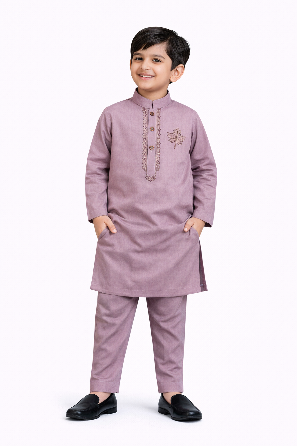 Blush Heritage: Boys’ Dusty Pink Embroidered Kurta & Trouser Set