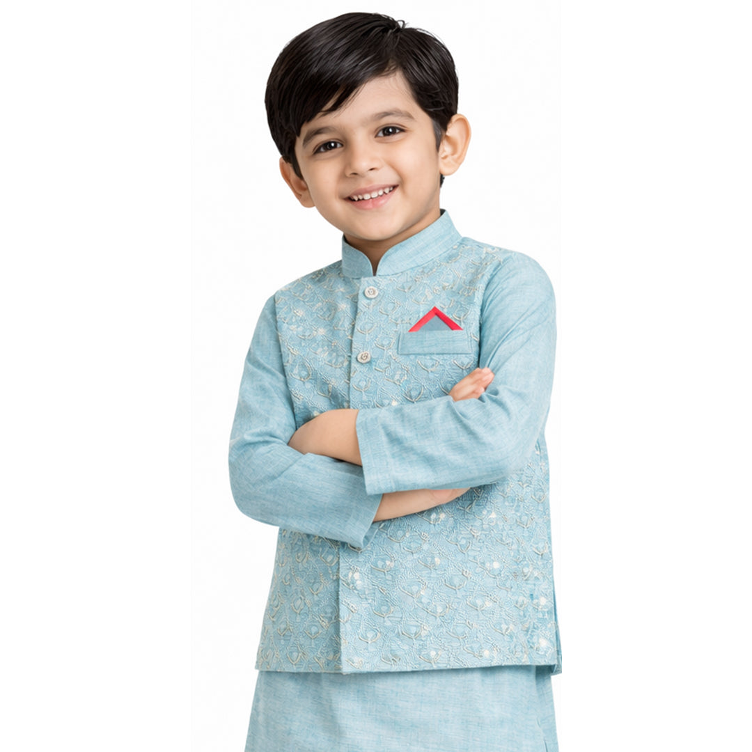 Arctic Bloom: Boys’ 3-Piece Embroidered Waistcoat & Kurta Set