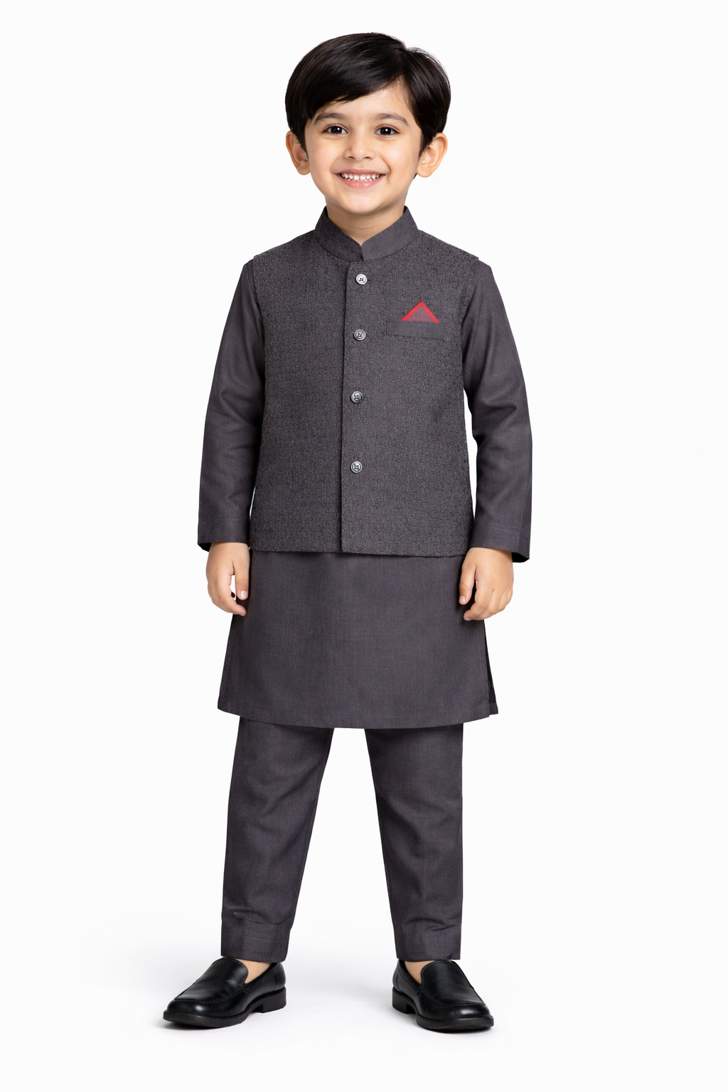 Charcoal Classic: Boys’ 3-Piece Textured Waistcoat & Kurta Set