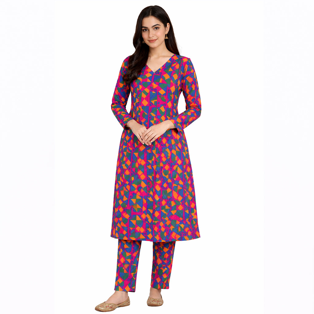 Neon Mosaic | Girls’ 2-Piece Unstitched Festive Suit – Electric Pink & Cobalt Geometric Print