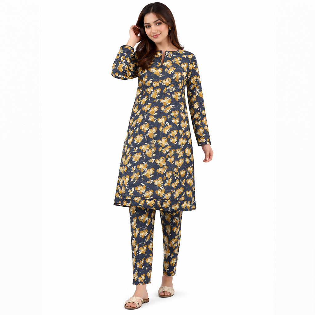 Midnight Marigold | Girls’ 2-Piece Unstitched Festive Suit – Charcoal Navy & Mustard Floral Print