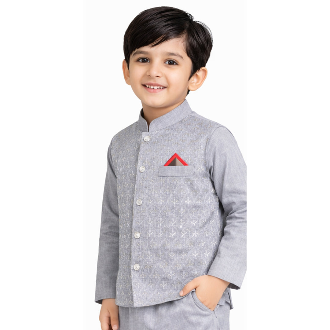 Silver Mist: Boys’ 3-Piece Embroidered Waistcoat & Kurta Set