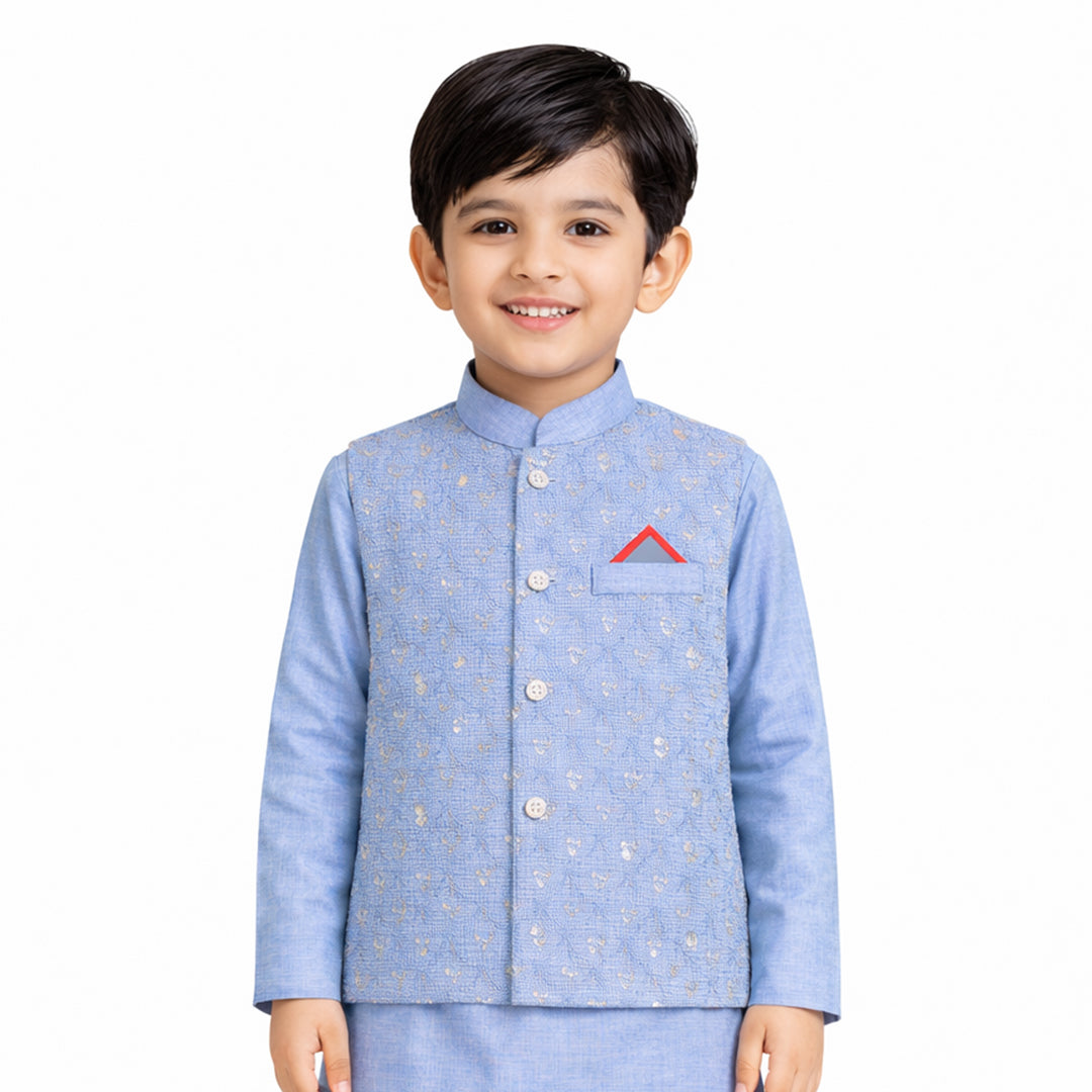 Azure Meadow: Boys’ 3-Piece Floral Textured Waistcoat & Kurta Set