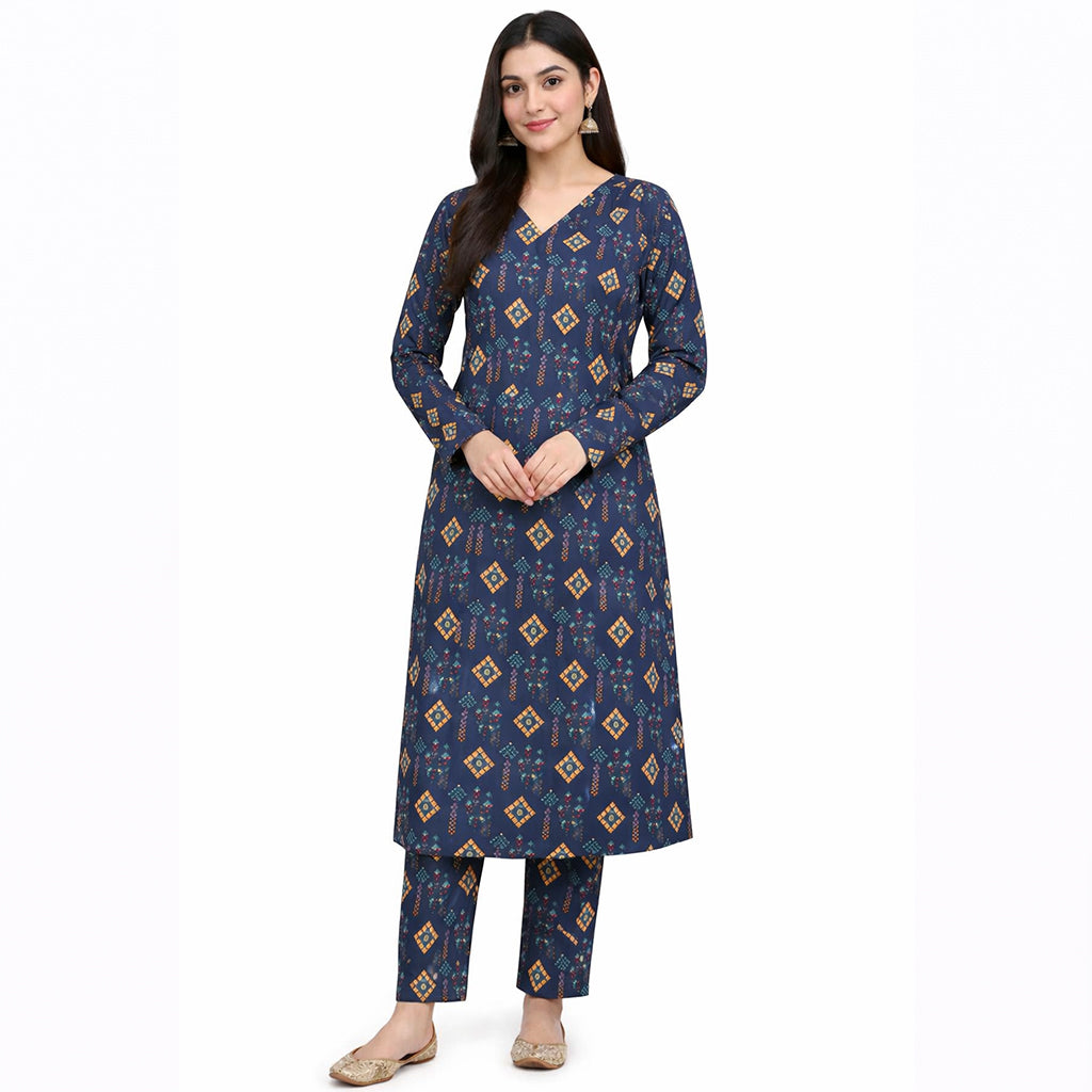 Indigo Jewel | Girls’ 2-Piece Unstitched Festive Suit – Midnight Navy & Amber Geometric Print