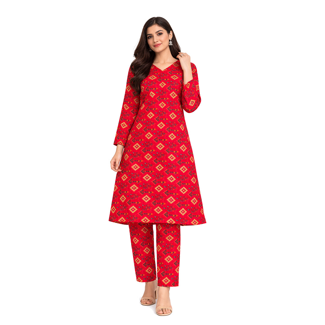 Heritage Crimson | Girls’ 2-Piece Unstitched Festive Suit – Ruby Red Printed Set