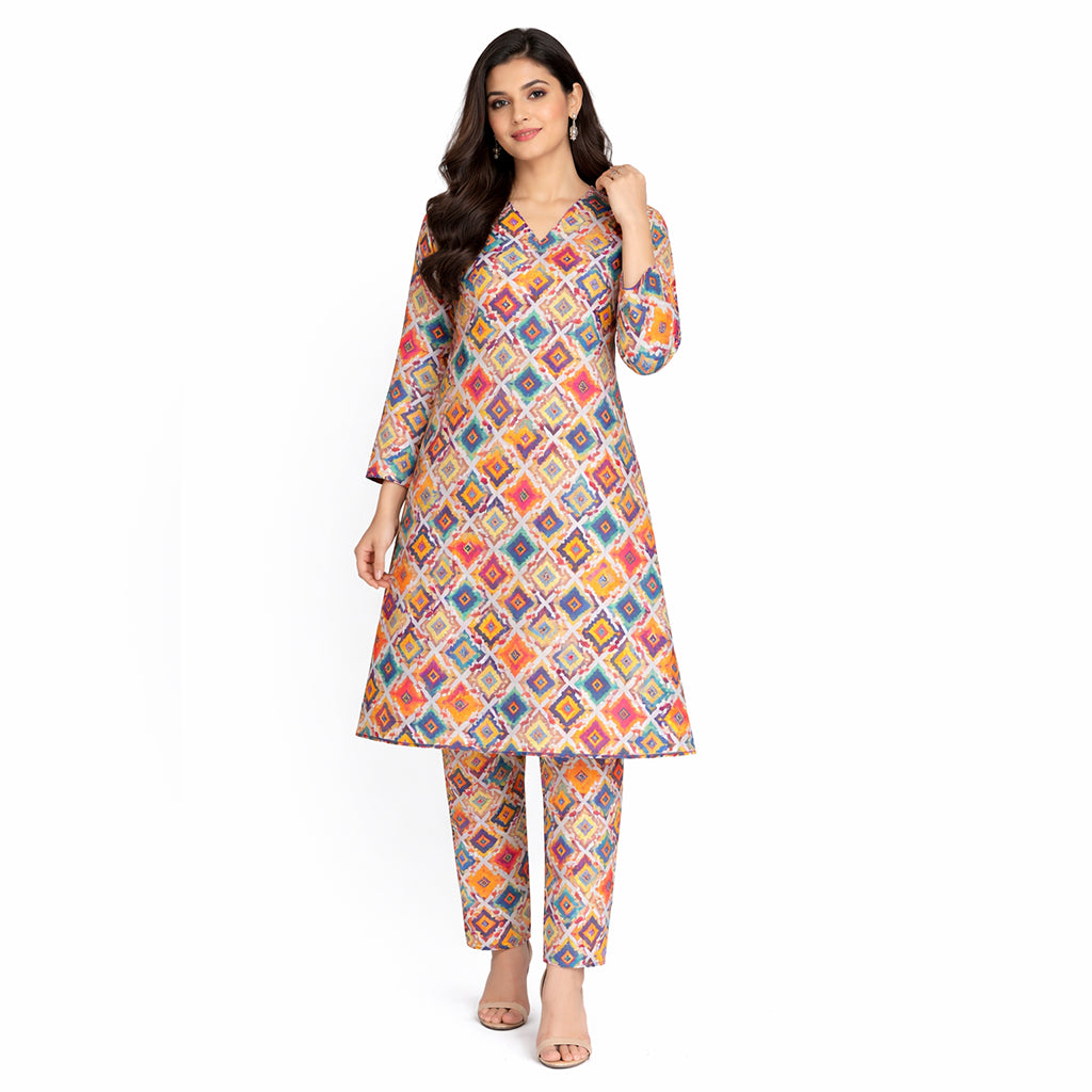 Mosaic Charm | Girls’ 2-Piece Unstitched Festive Suit – Multi-Color Geometric Print