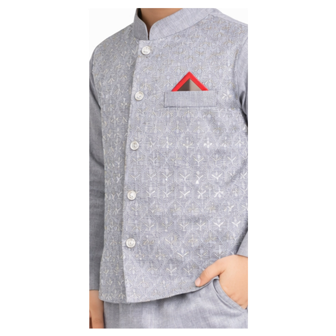 Silver Mist: Boys’ 3-Piece Embroidered Waistcoat & Kurta Set