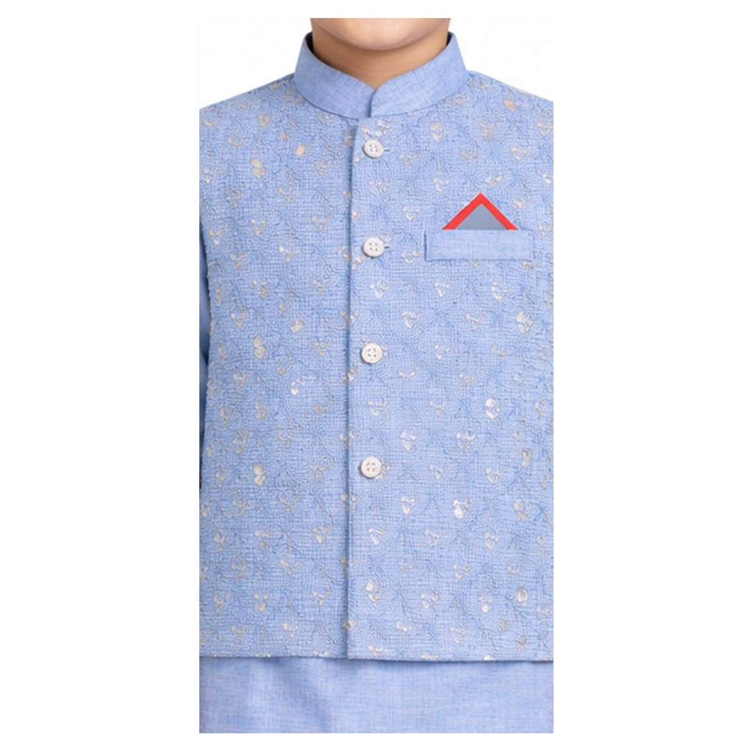 Azure Meadow: Boys’ 3-Piece Floral Textured Waistcoat & Kurta Set