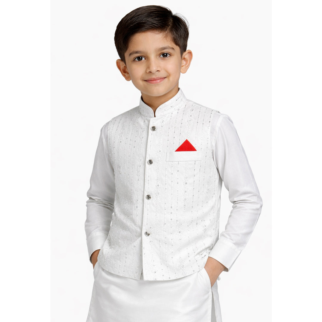 Little Nawab | Boys' 3-Piece Linear Embroidered Waistcoat, Kurta & Trouser Set – Premium Festive Wear in Pure White
