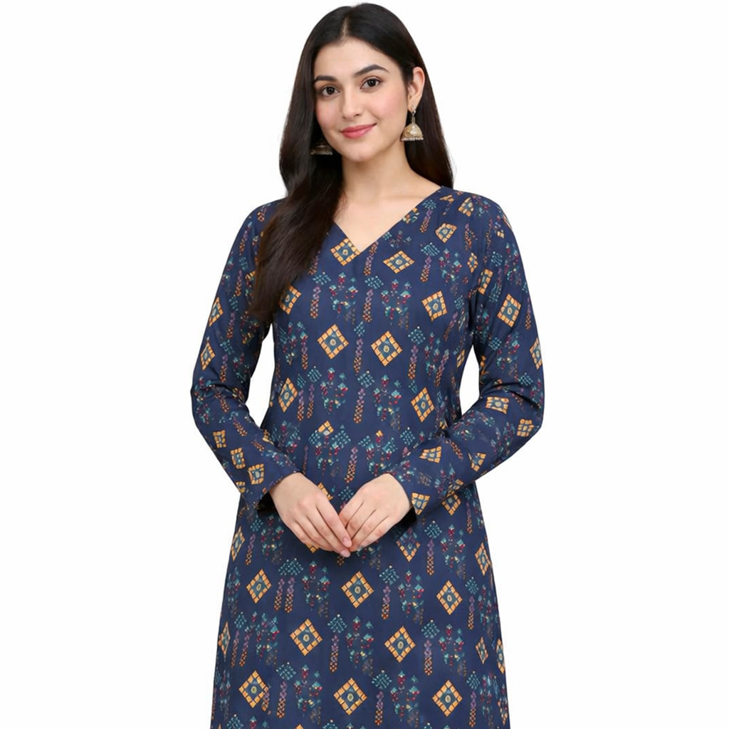 Indigo Jewel | Girls’ 2-Piece Unstitched Festive Suit – Midnight Navy & Amber Geometric Print