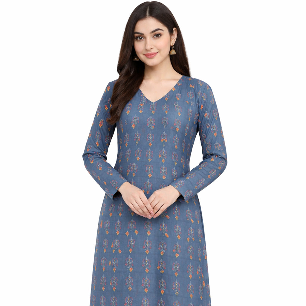 Slate Serenity | Girls’ 2-Piece Unstitched Festive Suit – Steel Blue & Amber Motif Print