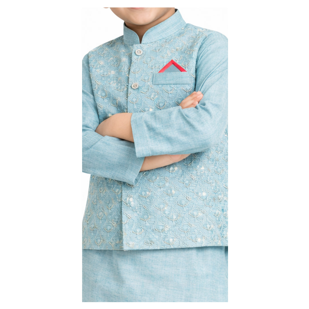 Arctic Bloom: Boys’ 3-Piece Embroidered Waistcoat & Kurta Set