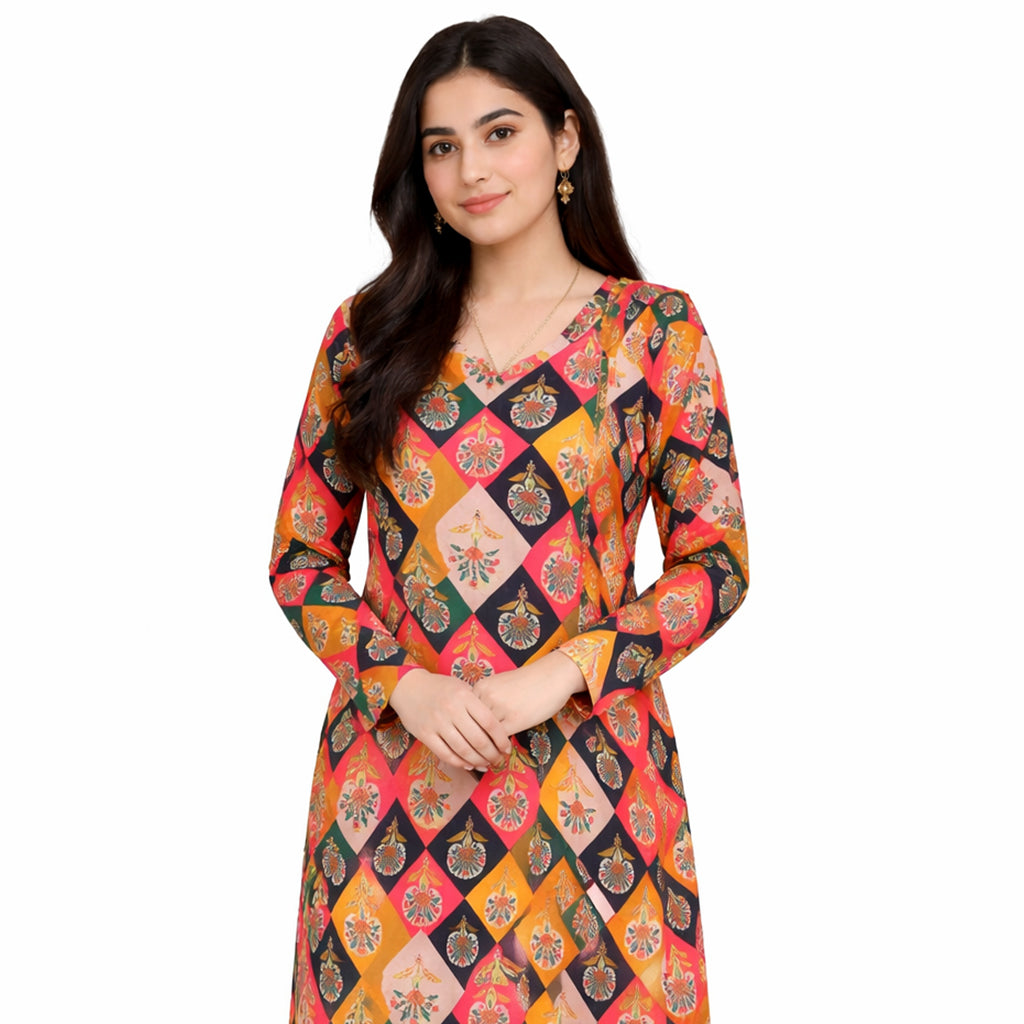 Artisan Mosaic | Girls’ 2-Piece Unstitched Festive Suit – Multi-Color Geometric Print