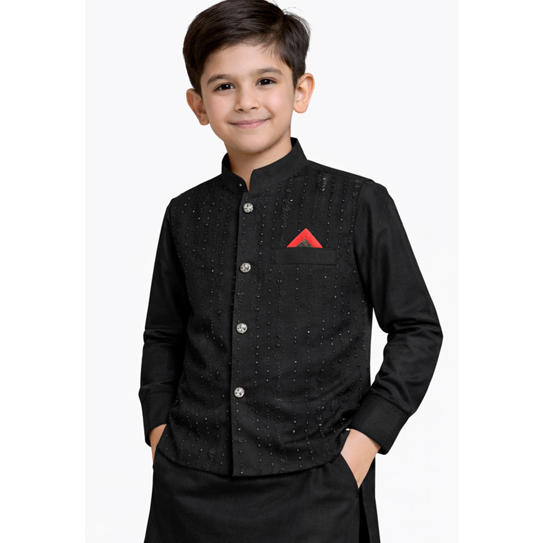 Little Nawab | Boys' 3-Piece Linear Embroidered Waistcoat, Kurta & Trouser Set – Premium Festive Wear in Jet Black