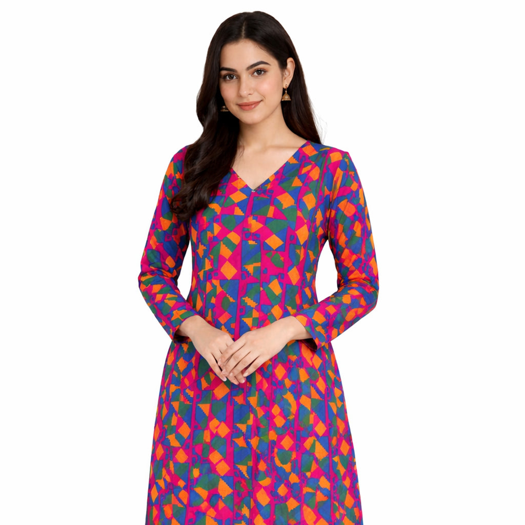 Neon Mosaic | Girls’ 2-Piece Unstitched Festive Suit – Electric Pink & Cobalt Geometric Print