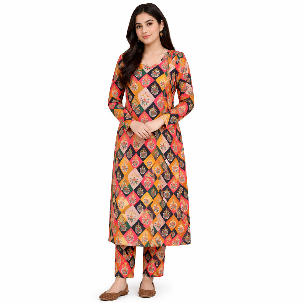 Artisan Mosaic | Girls’ 2-Piece Unstitched Festive Suit – Multi-Color Geometric Print