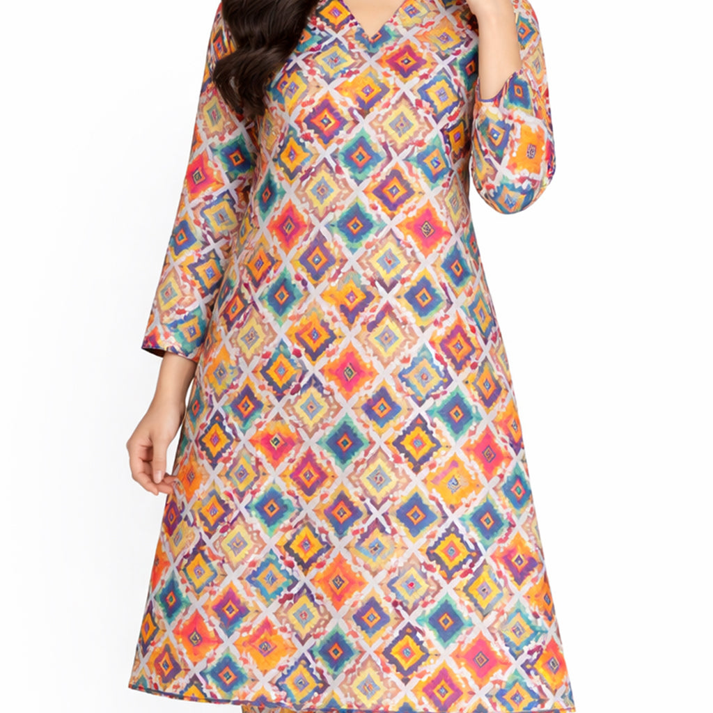 Mosaic Charm | Girls’ 2-Piece Unstitched Festive Suit – Multi-Color Geometric Print