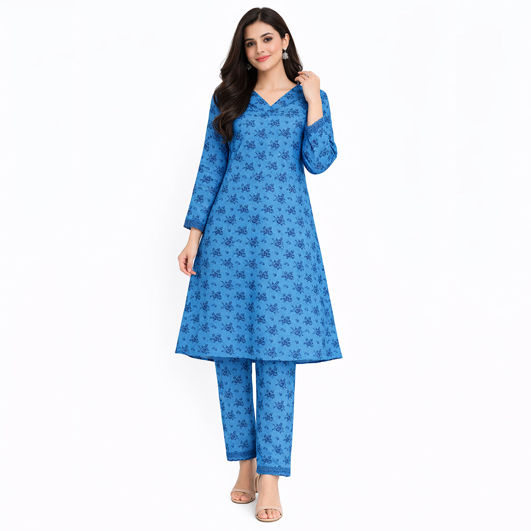 Azure Bloom | Girls’ 2-Piece Unstitched Festive Suit – Cornflower Blue Floral Print
