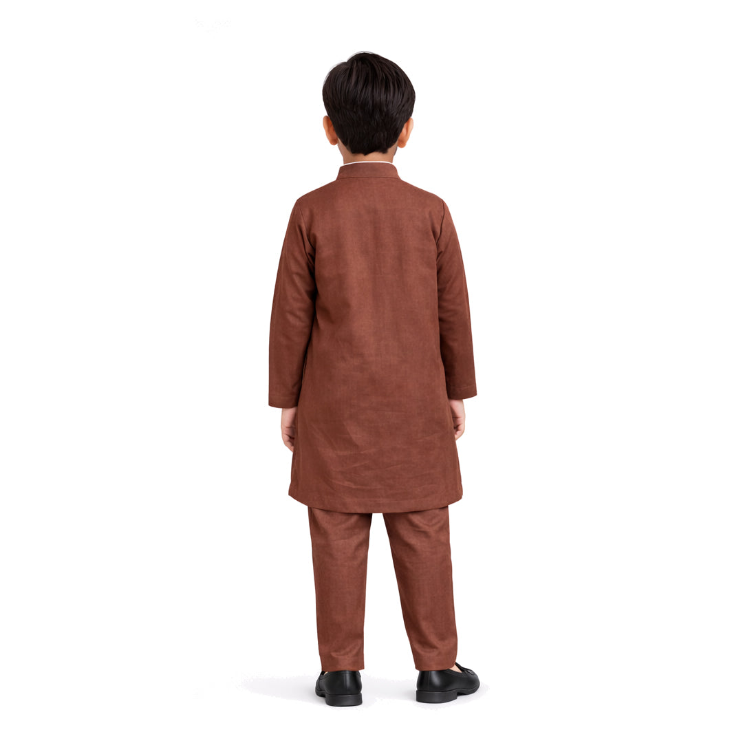 Chocolate Brown Elegance: Boys' Embroidered Kurta & Trouser Suit